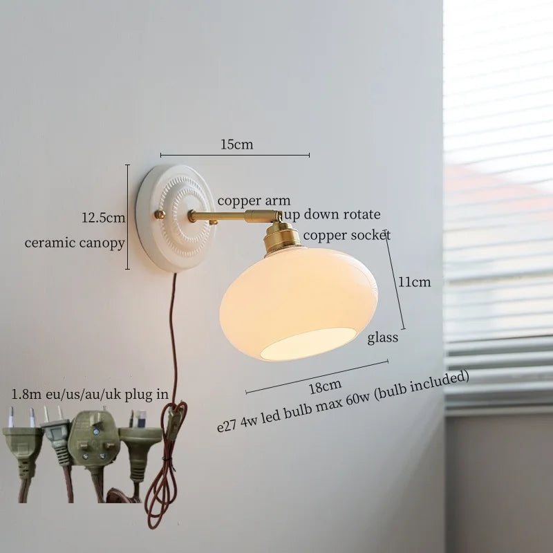 White Glass LED Wall Lights Pull Chain Switch Copper Arm - Bedroom Stair Living Room Mirror Bedside Lamp