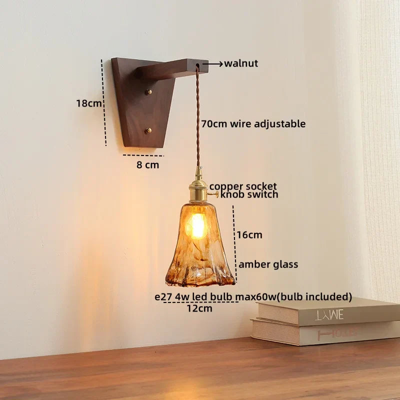 Walnut Copper LED Wall Lamp Sconce with Pull Chain Switch, Nordic Stair Light Fixtures