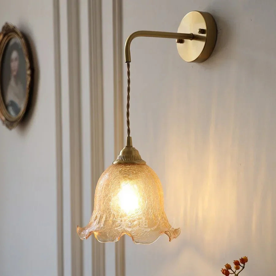 Amber Glass LED Wall Sconce with Pull Chain Switch for Bedroom and Bathroom