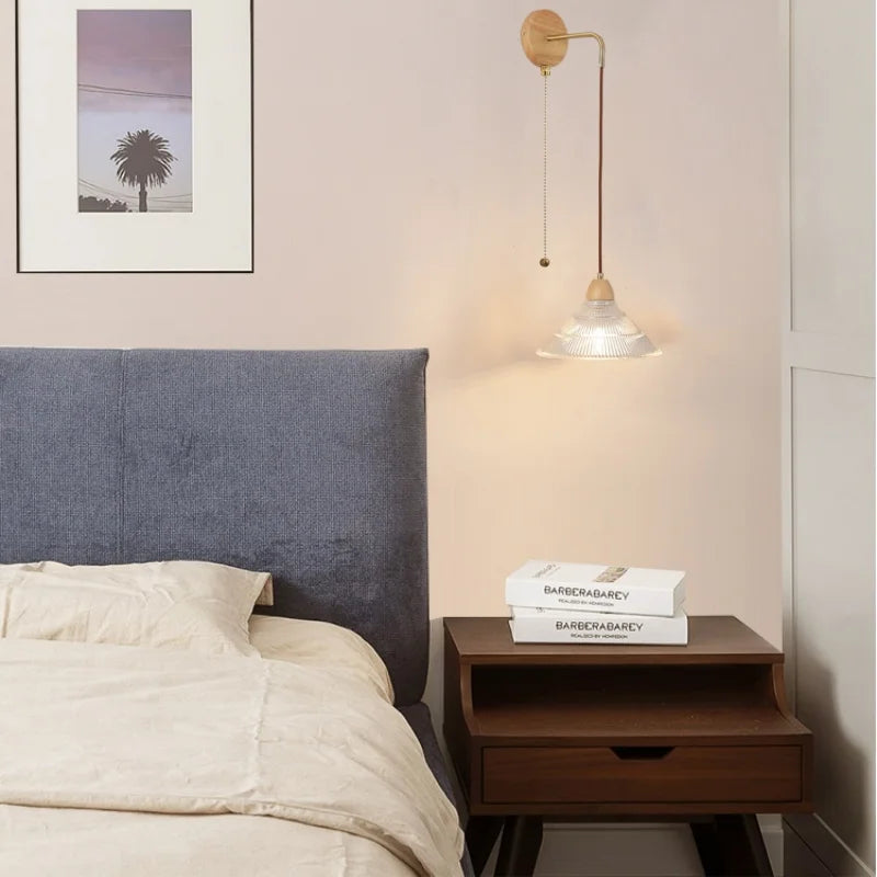 Clear Glass LED Wall Lights with Wood Pull Chain Switch, Modern Art Bedside Lamp