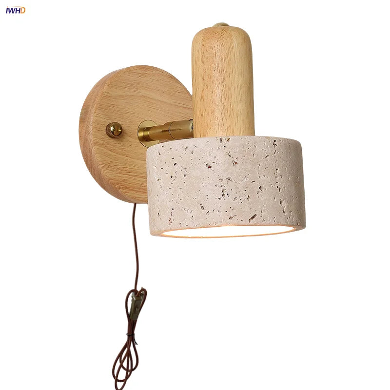 Yellow Travertine Stone Natural Wood LED Wall Light Bedside Lamp