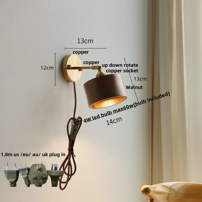 Nordic Walnut Wood Copper Up Down LED Wall Sconce Bedside Lamp