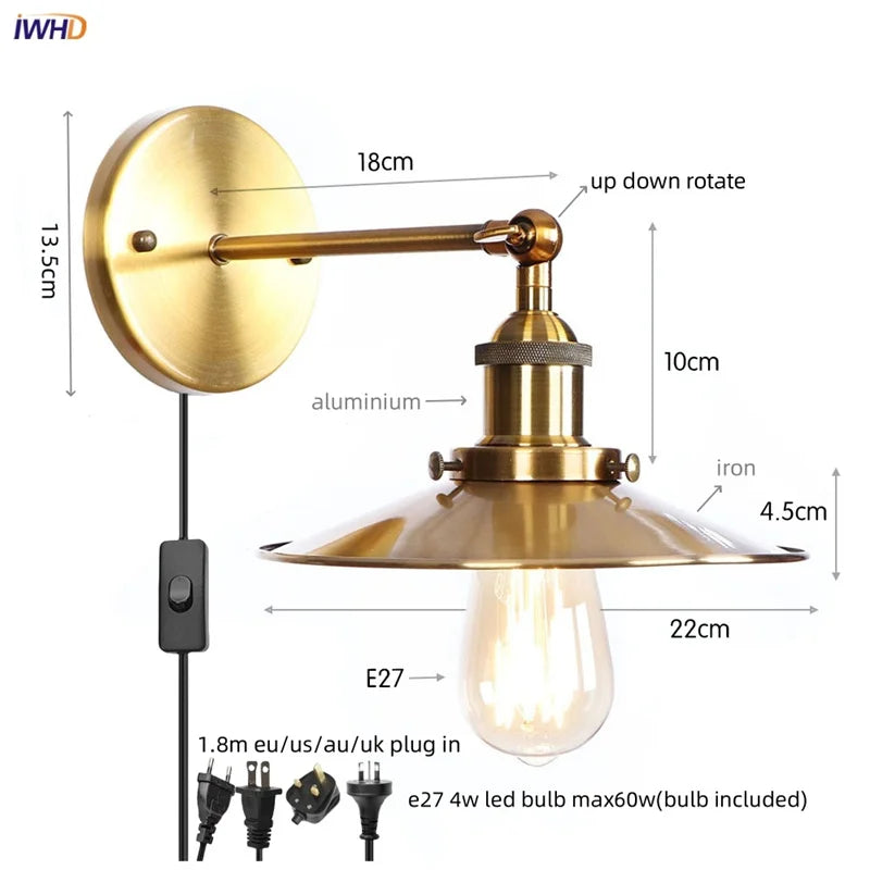 Loft LED Wall Lamp Gold Pull Chain Switch Industrial Luminaire