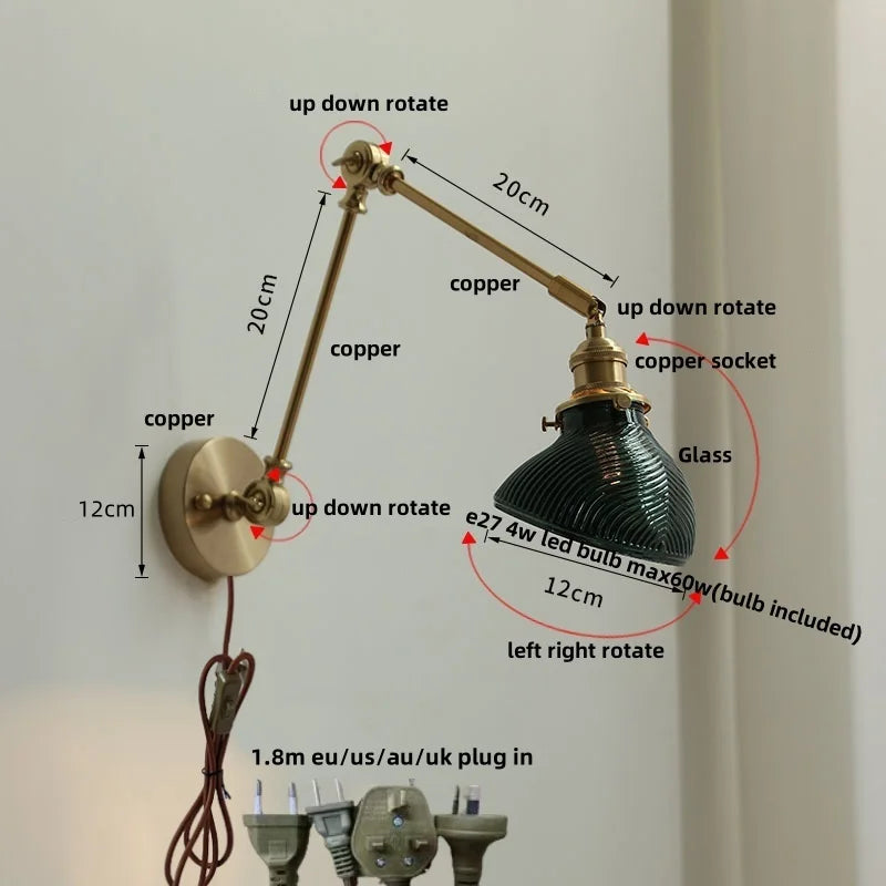 Afralia™ Brass Swing Arm LED Wall Light Fixture with Rotatable Arms & Pull Chain Switch