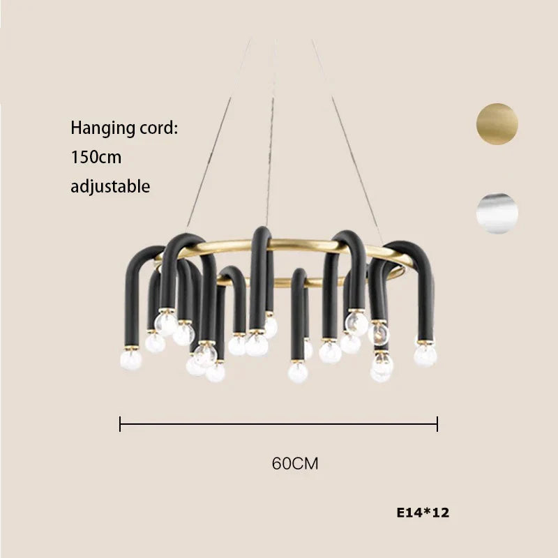Black Aluminum Tube Dimmable LED Chandelier with U-Shaped Design