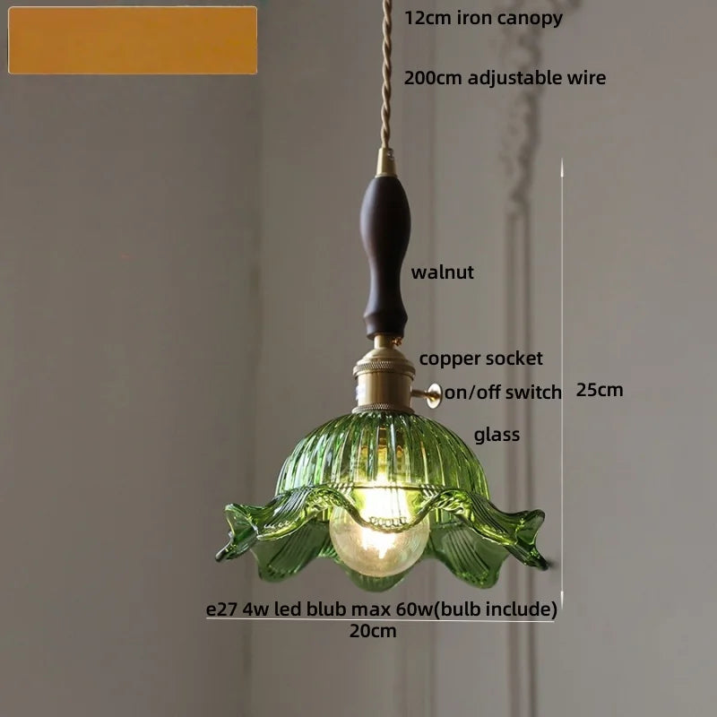 Afralia™ Nordic LED Flower Glass Pendant Light Fixture with Walnut Wood - Amber Glass