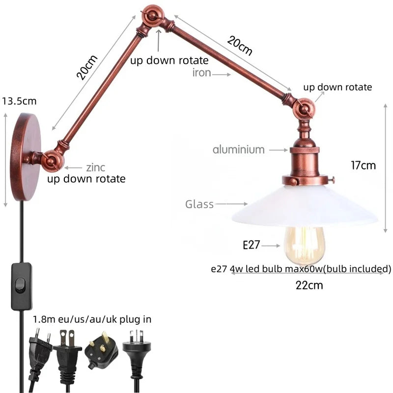 Adjustable Glass Swing Arm LED Wall Sconce with Pull Chain Switch