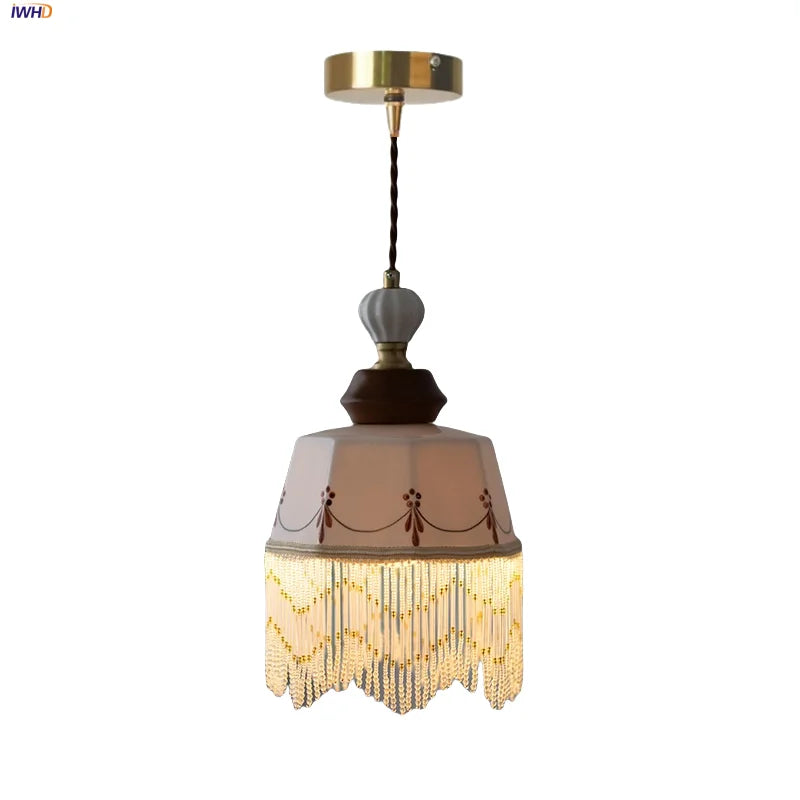 Brown Wood Ceramic Tassel LED Pendant Lights for Modern Interior Lighting