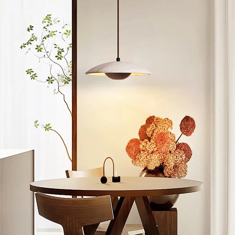 Wood Stone LED Pendant Lights Yellow Travertine Hanging Lamp for Living Room