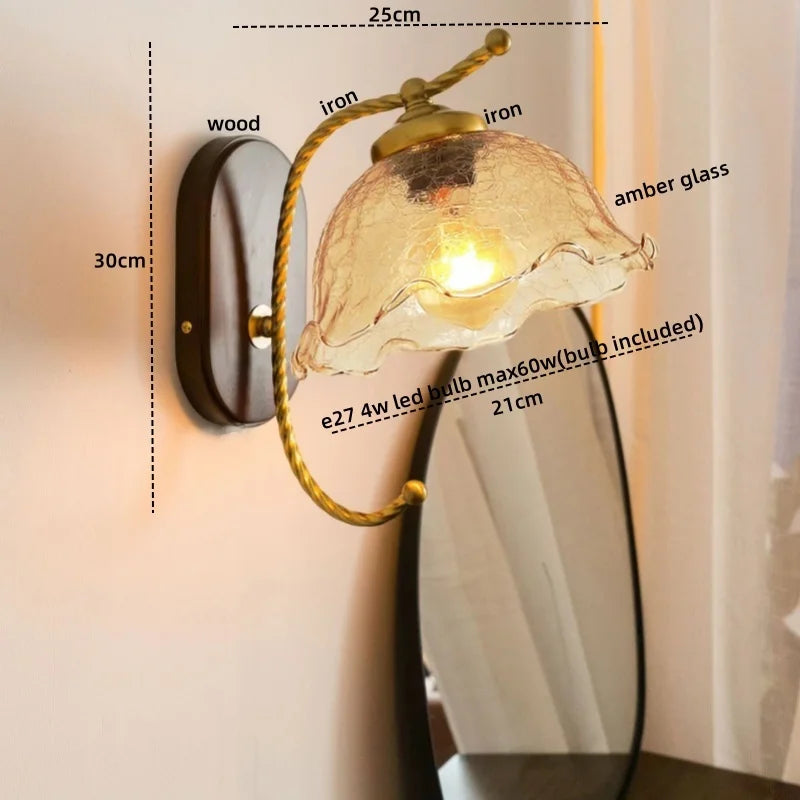 Iron Glass LED Wall Lights Modern Bedside Lamp 4w Bulb for Bathroom Bedroom Living Room