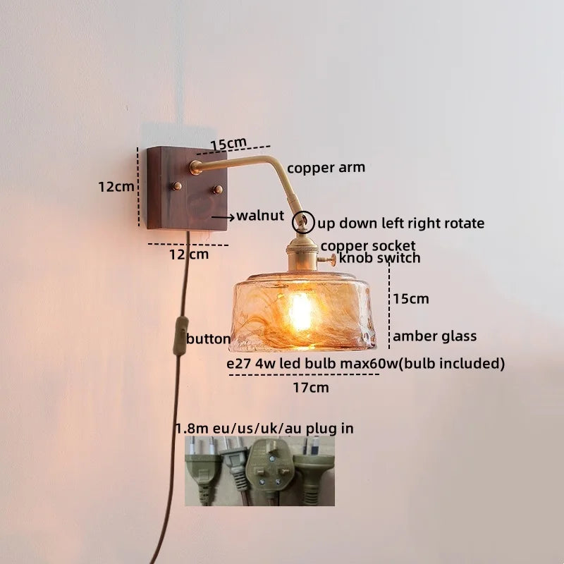 Walnut Copper LED Wall Lights Fixture with Pull Chain Switch - Modern Bedside Lamp