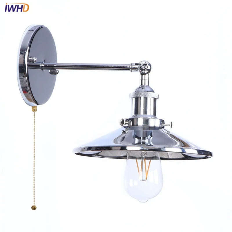 Afralia™ Vintage LED Wall Lights Pull Chain Lens Stair Aisle Bedside Lamp Iron Lightings