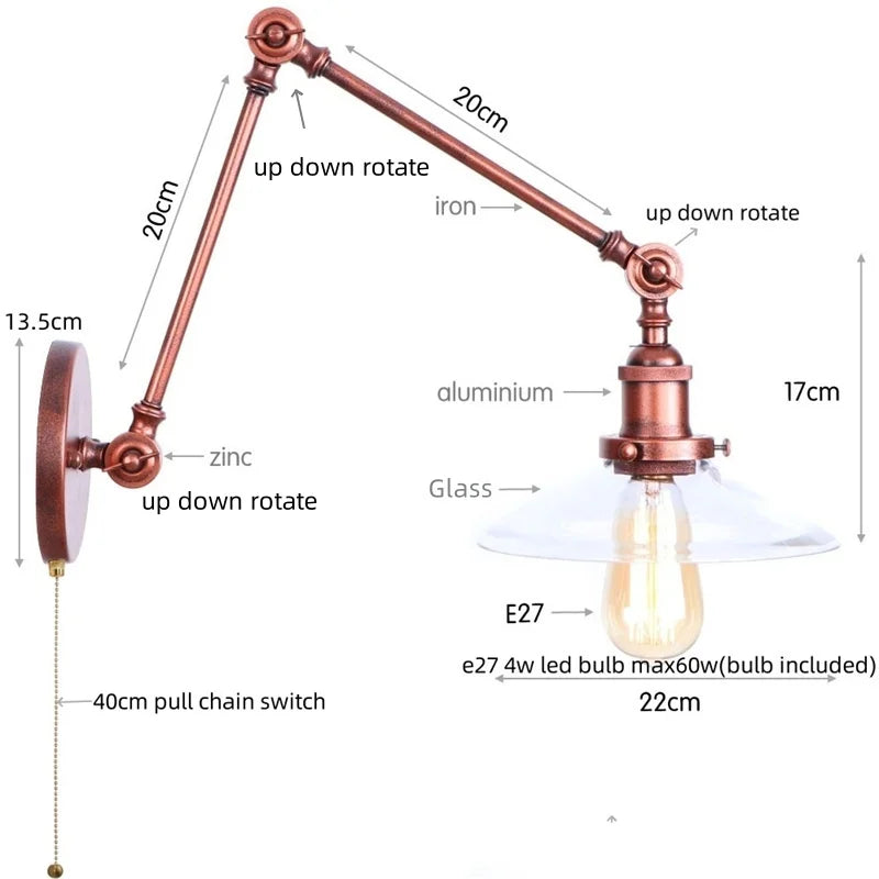 Swing Arm LED Wall Lights Pull Chain Switch Glass Ball Industrial Home Decor