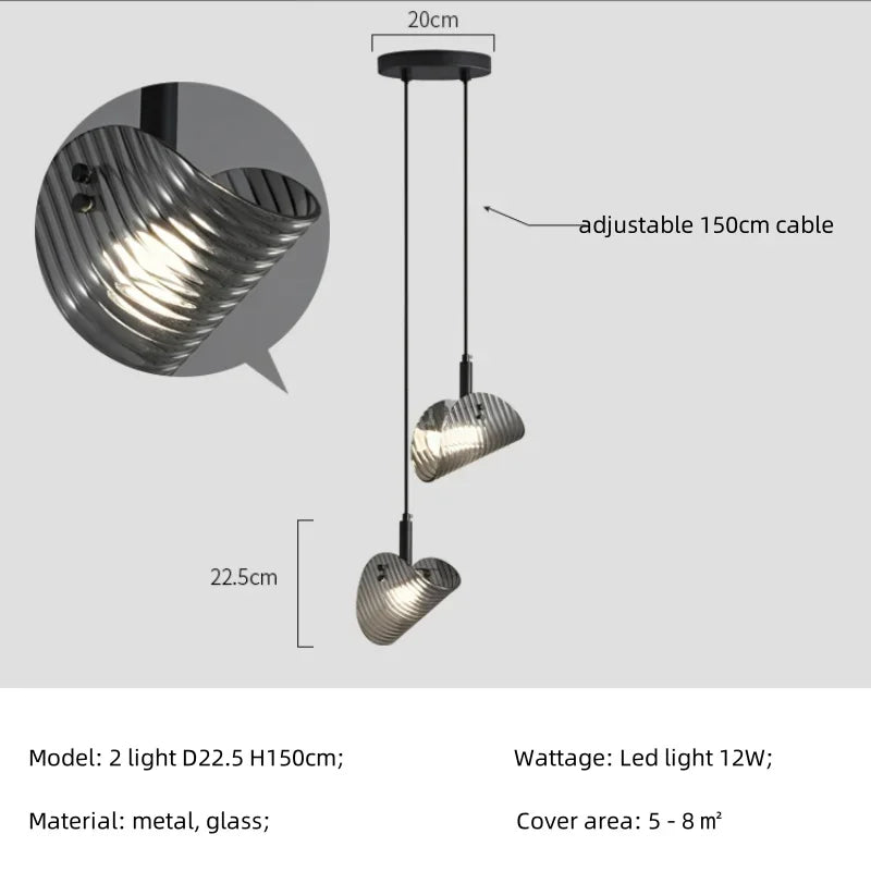 Smoky Gray Glass Chandelier LED Pendant Light for Luxe Dining Room