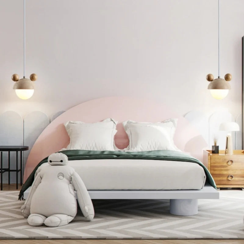 White Glass Ball Pendant Lights Yellow Travertine Wood Hang Lamp