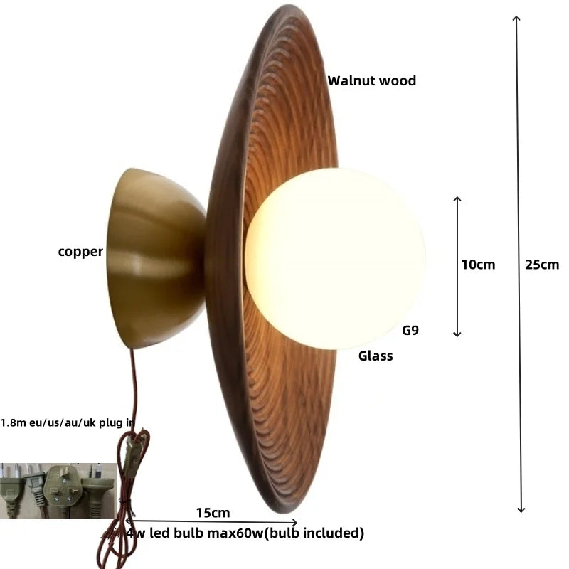Nordic LED Walnut Wood Glass Wall Light - Modern Simple Luminaire