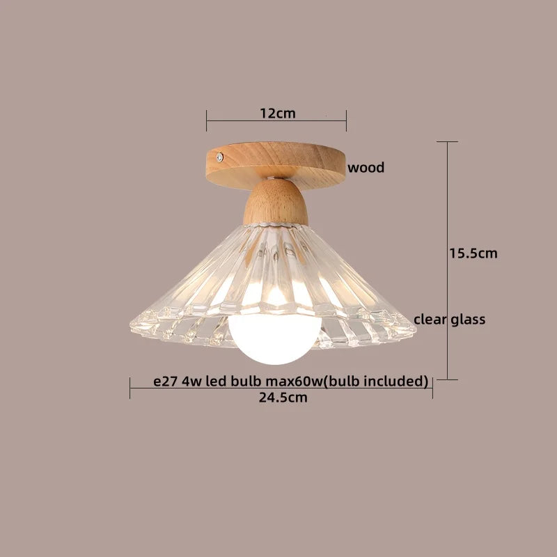Nordic Wood Glass LED Ceiling Light Modern Indoor Lighting Balcony Corridor Restaurant