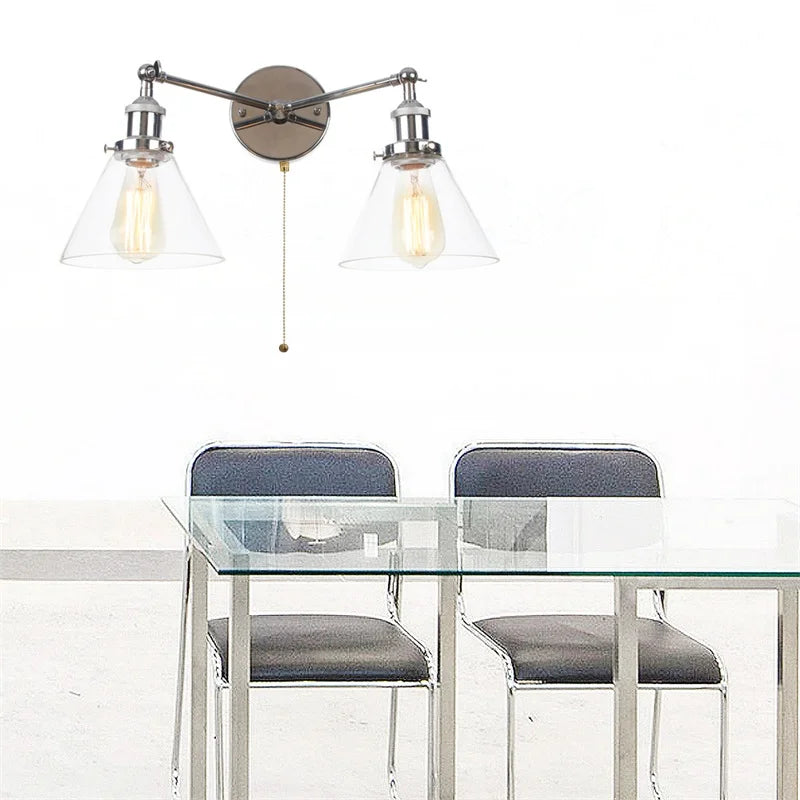 Retro LED Wall Light with Pull Chain Switch, 2 Heads Sconce for Living Room