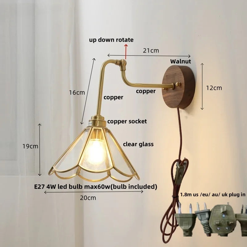 Rotating Copper LED Wall Light with Pull Chain Switch and Walnut Base