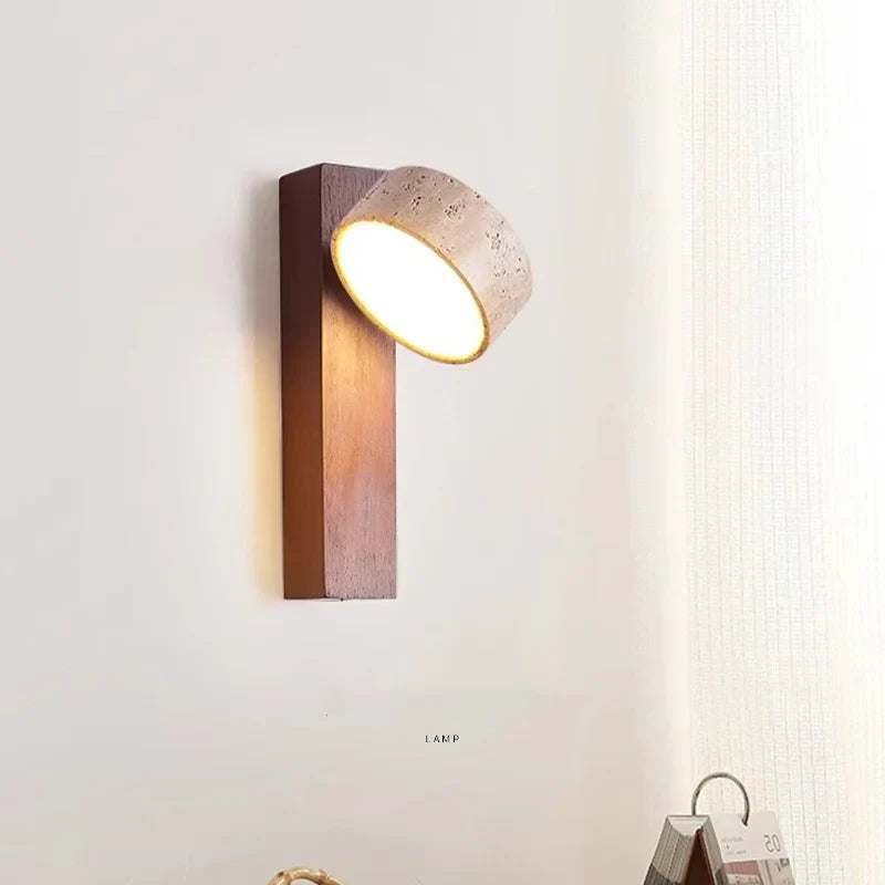 Yellow Travertine Wood Canopy LED Wall Light, Japan Style Bedside Lamp