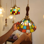 Walnut Wood LED Pendant Light Fixture with Colorful Glass Hang Lamp