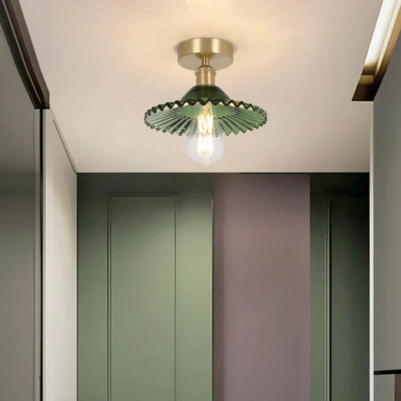 Green Glass Copper Ceiling Light Fixture Balcony Kitchen Modern LED Lamp