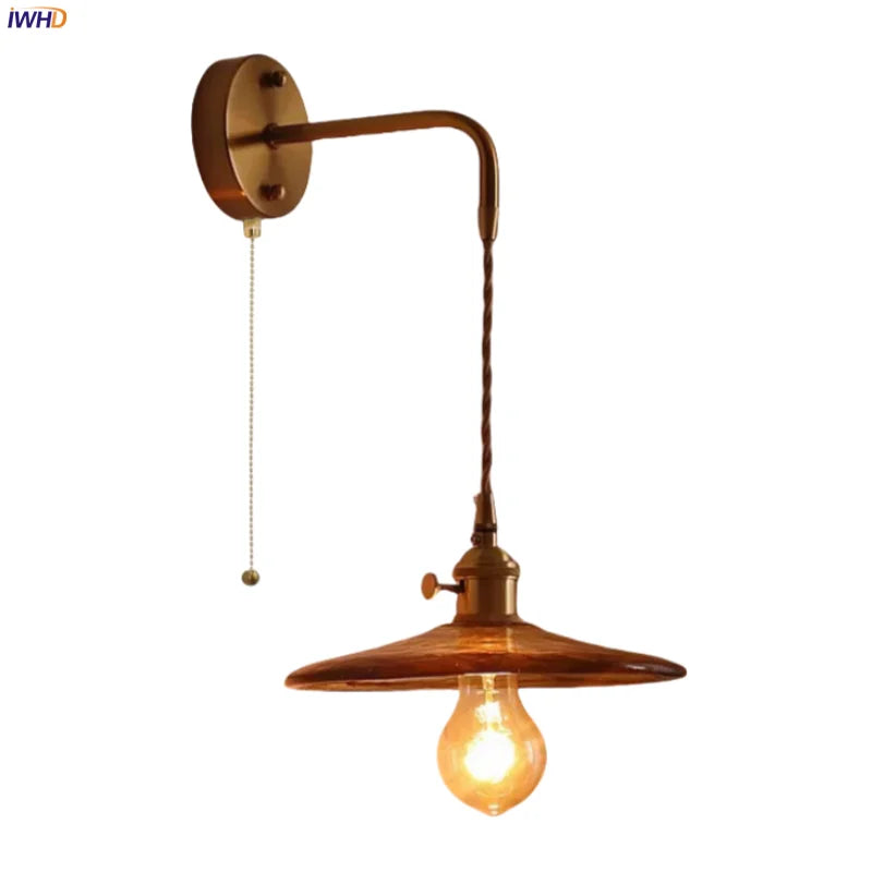 Glass LED Wall Sconce Bedroom Loft Bathroom Stair Light Pull Chain Copper