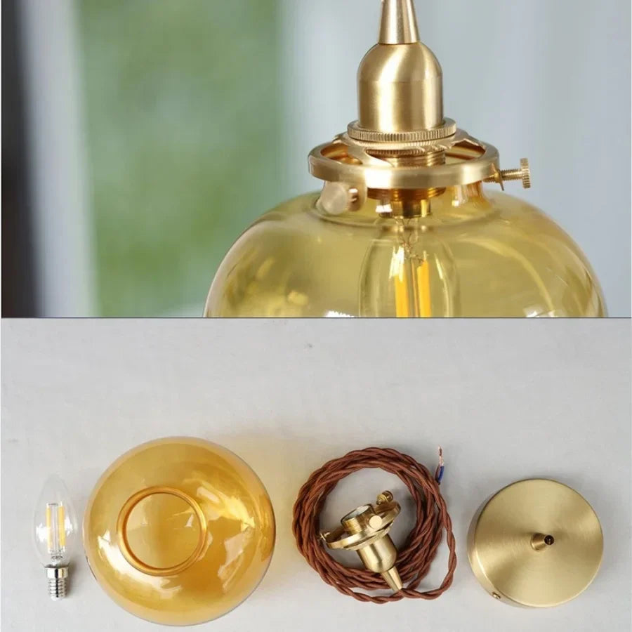 Amber Glass Ball LED Pendant Light, Modern Nordic Hanging Lamp for Home Decor