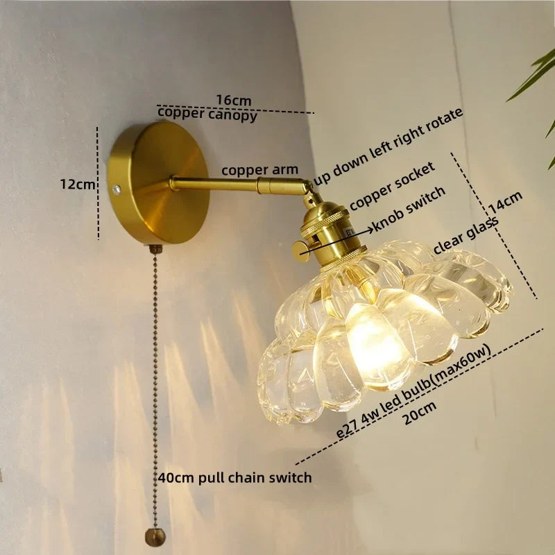 Nordic LED Wall Lights Pull Chain Switch Copper Glass Home Decor