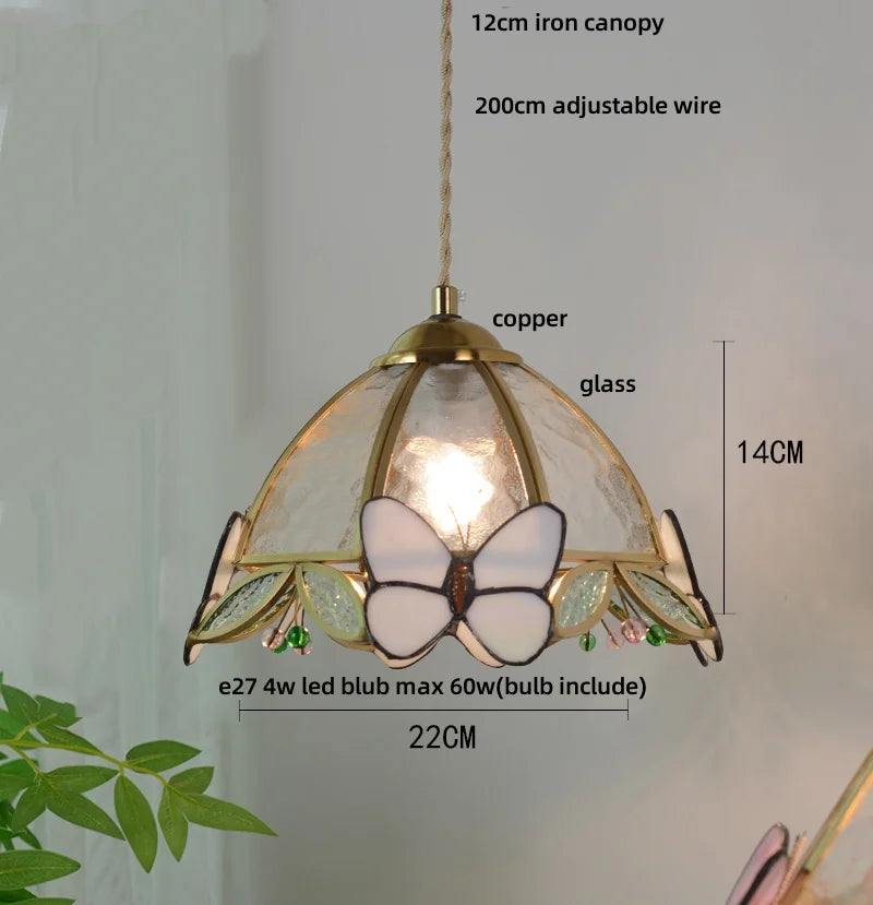 Pink Butterfly LED Pendant Light Fixture Tiffany Glass Wood Ball Hang Lamp