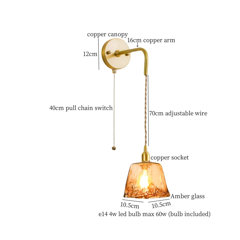 Amber Glass LED Wall Lamp for Bedroom Minimalistic Copper Lighting