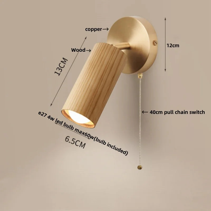 Wood Nordic LED Wall Light - Modern Copper Canopy Bedside Lamp