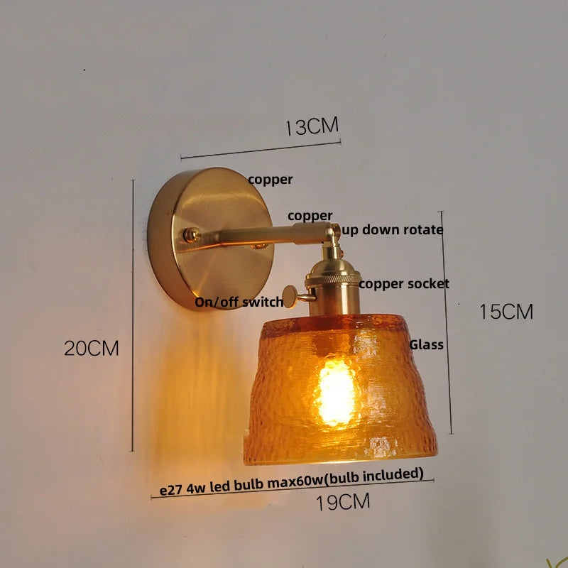 Clear Glass LED Wall Lights Brass E27 Pull Chain Switch Bedside Lamp