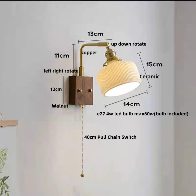 Ceramic LED Wall Sconce with Walnut Wood Pull Chain Switch - Nordic Style