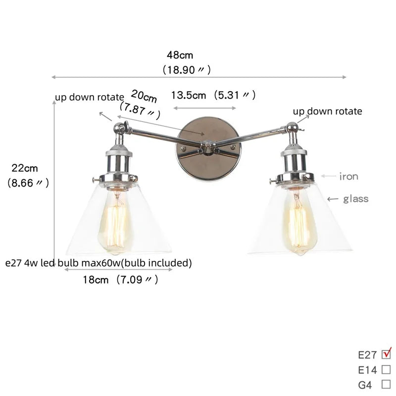 Retro LED Wall Light with Pull Chain Switch, 2 Heads Sconce for Living Room