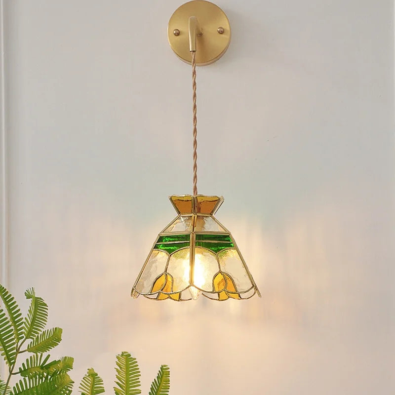 Glass LED Wall Light Fixture with Adjustable Wire, Pull Chain Switch for Bedroom, Coffee Shop