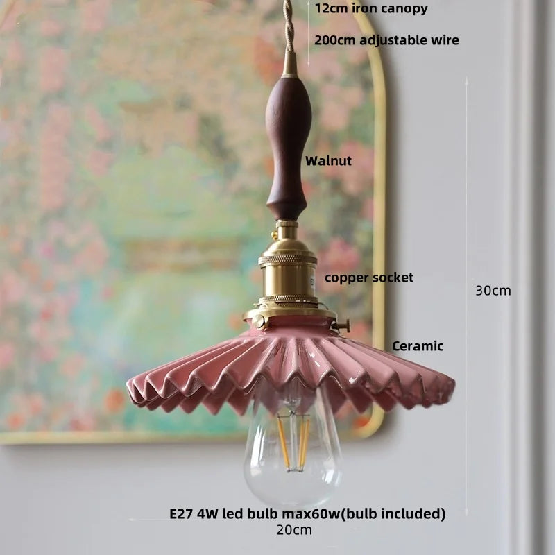 Afralia™ Nordic LED Pendant Light Walnut Wood Green Ceramic Hanging Lamp