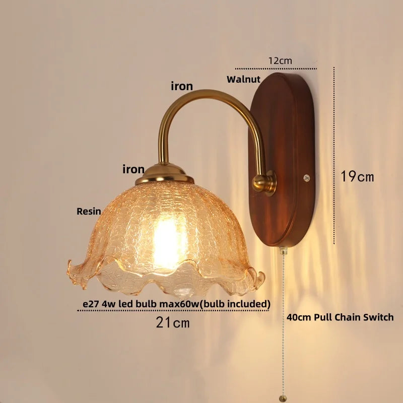 Afralia™ Modern Walnut Wood LED Wall Light Fixture with Pull Chain Switch