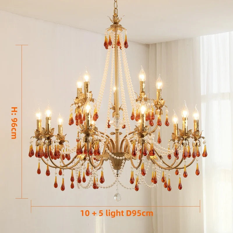 Luxury Red Crystal Candle Chandelier LED Pendant Light - Copper E14 Glamourizing Luminarias