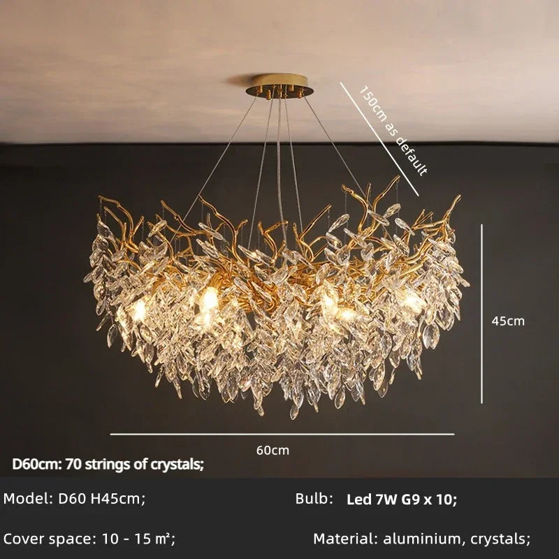Crystal LED Pendant Lights Gold Dining Room Branch Chandelier