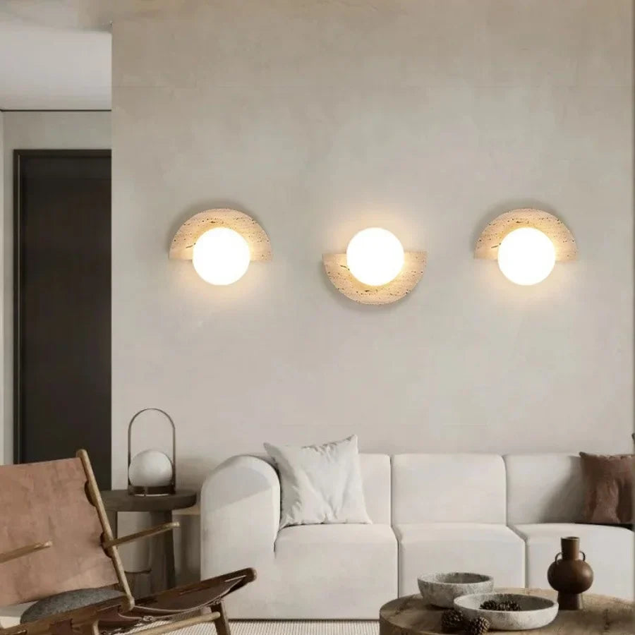 Yellow Cave Stone LED Wall Lights for Modern Spaces, Glass Globe Sconce.
