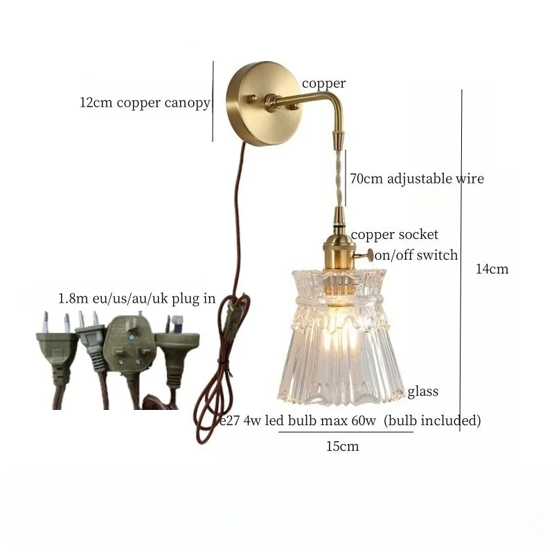 Brass Glass LED Wall Sconce Light for Living Room, Bedroom, Bathroom