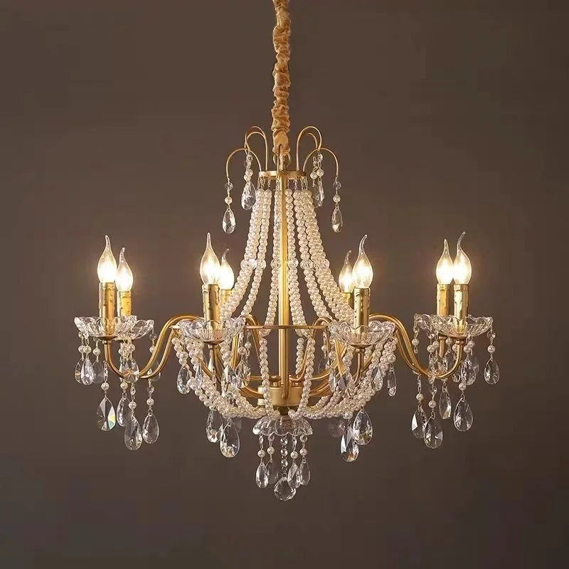 Gold Crystal Pearl Chandelier LED Pendant Lights Luxe Living Room Decor