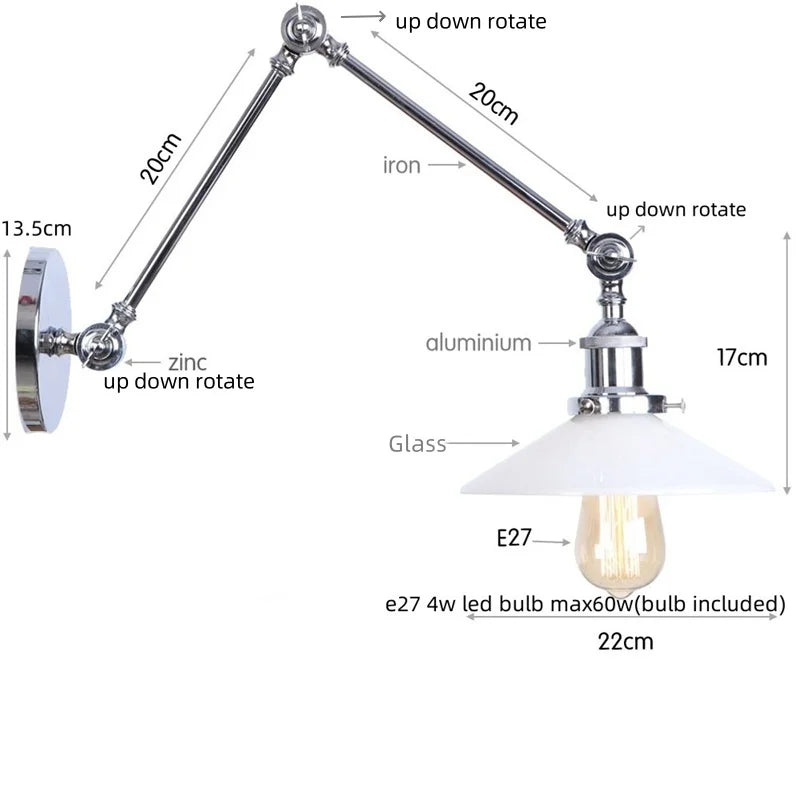 White Glass Swing Arm LED Wall Sconce for Industrial Loft, Coffee, Hallway