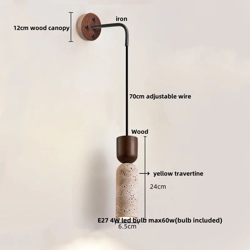 Yellow Travertine LED Wall Lamp with Pull Chain Switch, Nordic Modern Design