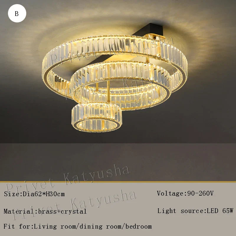 Gold Crystal Copper Ceiling Lamps LED Modern Home Room Decor Lighting