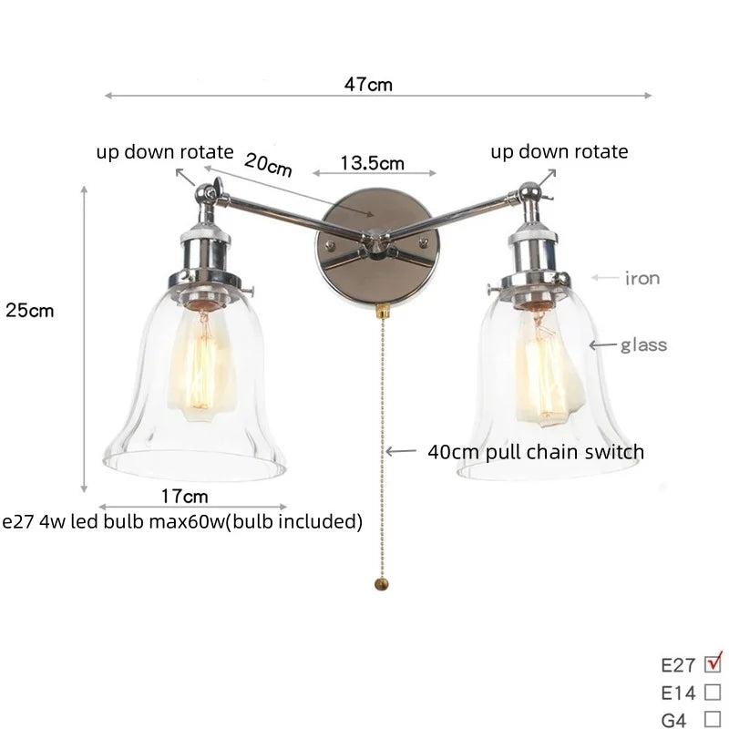 2 Head LED Wall Lamps Iron Glass Bedroom Stair Light Fixtures
