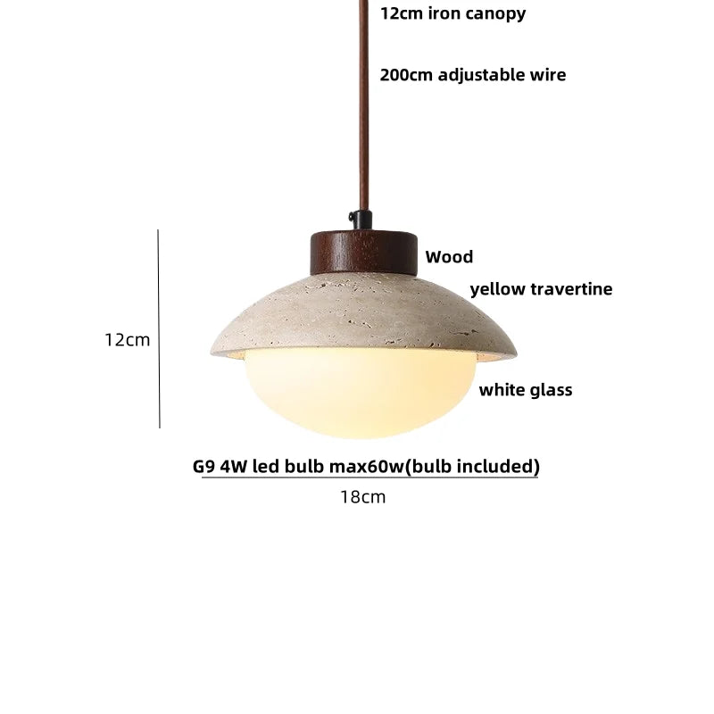 LED Pendant Light: Japanese Style, Yellow Travertine Wood, Adjustable Hanging Lamp