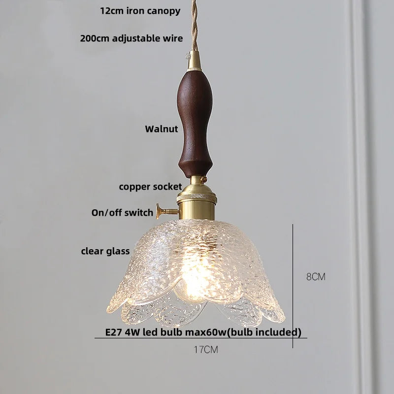Amber Glass LED Pendant Light Fixture Nordic Modern Copper Hanging Lamp