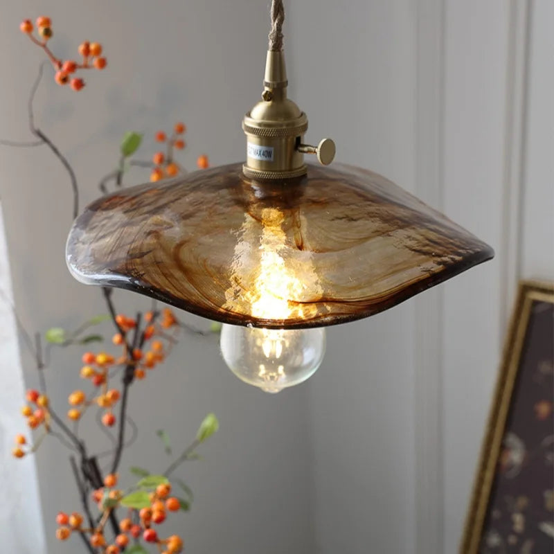 Brass Knob Switch LED Pendant Light, Nordic Amber Glass Hanging Lamp